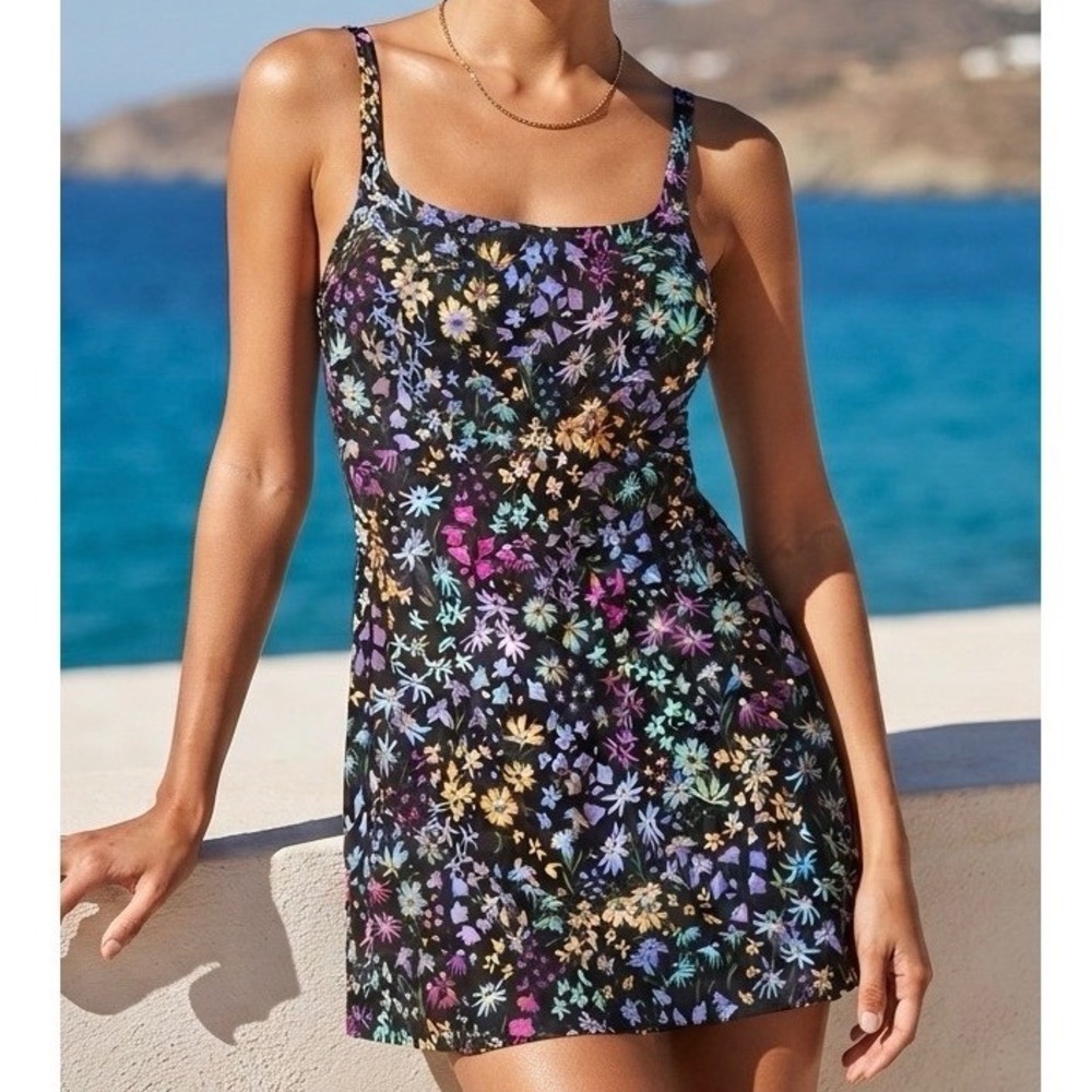 Lands End Small Swim Dress Womens Black Floral UPF 50+ Adjustable Straps